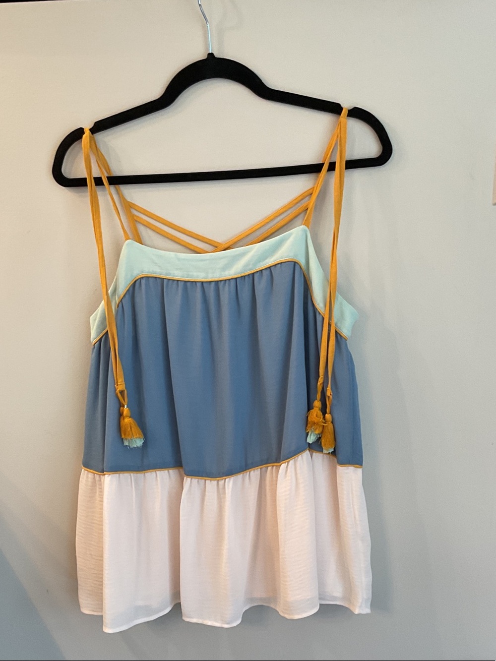 LOFT Blue, Mint & White Tiered Spaghetti-Strap Cami with Gold Tassels